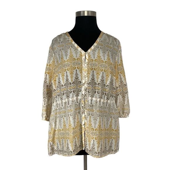 Pendleton 2X Yellow Silk Floral Blouse Cottagecore Coastal Lagenenlook Boho - Picture 1 of 8